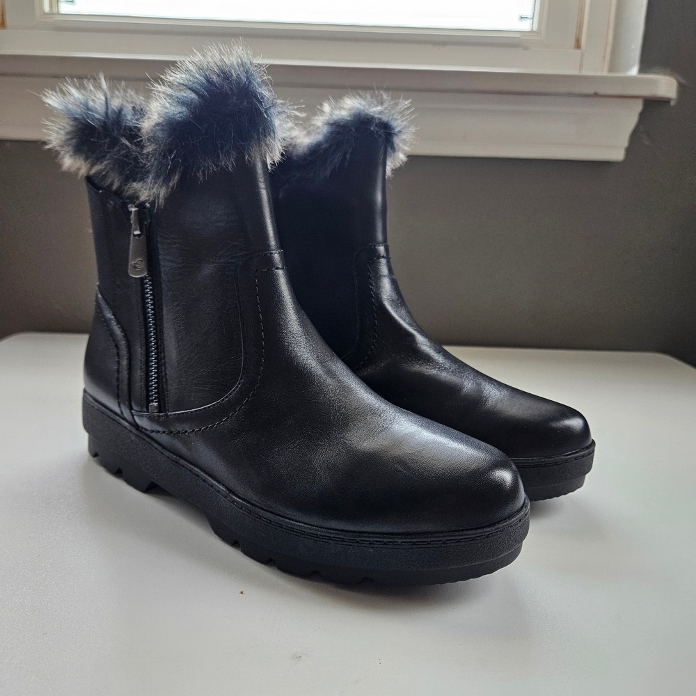 Easy Spirit Black Leather Ankle Boots Faux Fur Trim Size 8 Fall Winter Cozy